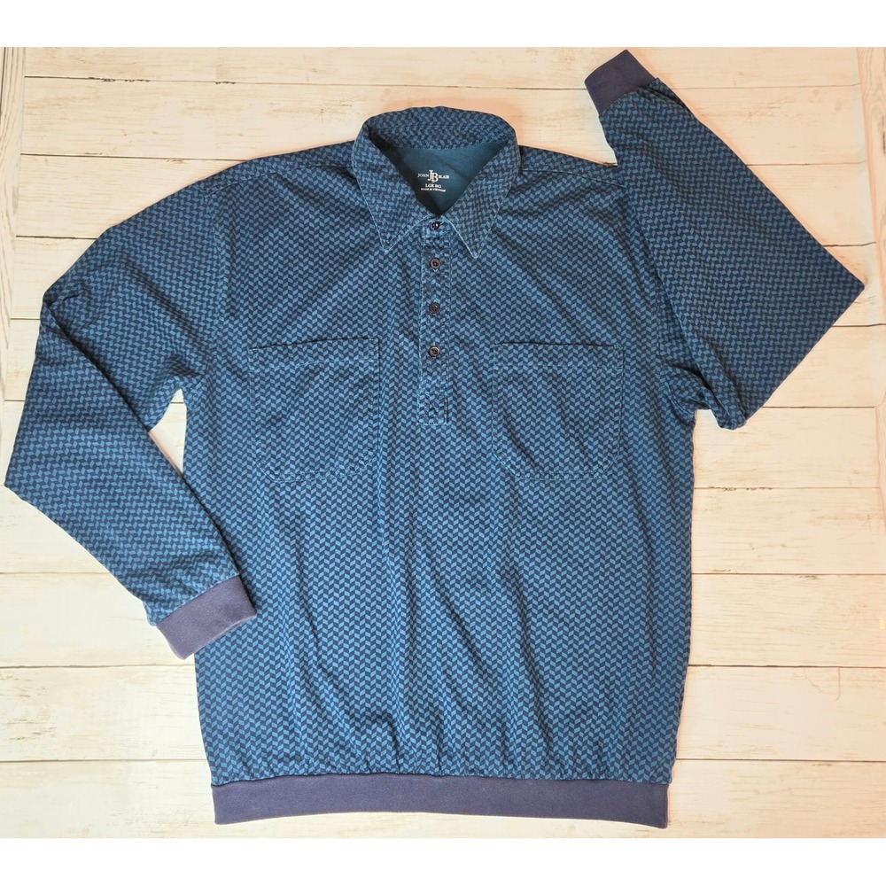 Vtg JOHN BLAIR Mens Large LGE Blue Geometric Pattern Long Sleeve Collared Shirt